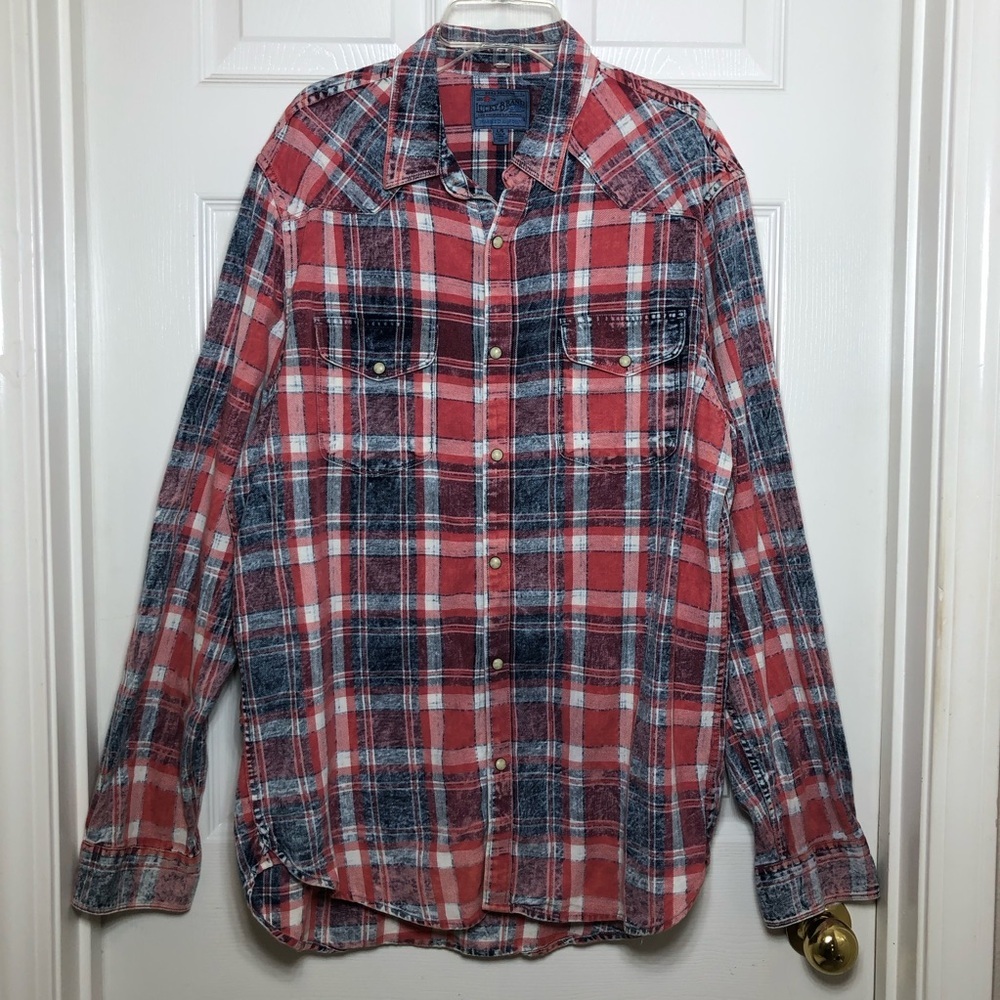 Lucky Brand Washed & Worn Cotton Red White Blue Pearl Snap Plaid Shirt  L - Picture 2 of 15